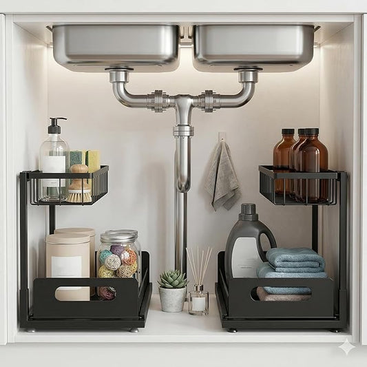 Under Sink Organizer 2 Tier, Pull Out Drawer Slides Under Sink Storage for Bathroom Kitchen,Multi-Purpose Drawer Under Cabinet Organizer for Cleaning Supplies (Black, 2 Pack)