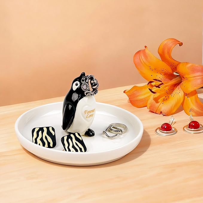 PUDDING CABIN Penguin Gifts for Women Ring Holder Dish Forever Love Jewelry Holder for Rings, Earrings, Necklaces - Engagement Anniversary Birthday Mothers Day Gift for Mom, Wife, Girlfriend