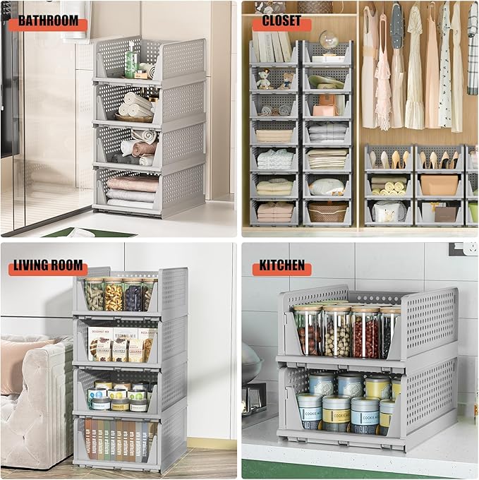Stackable Plastic Storage Drawers for Closet Organizers and Storage, Open Storage Bins Closet Shelf Clothes Organizer for Closet Wardrobe (5, Grey)