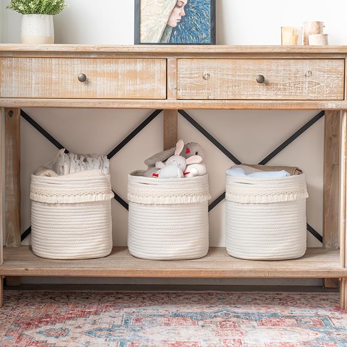 Mkono Macrame Decorative Cotton Rope Basket Boho Nursery Decor Small Cute Woven Tassel Closet Storage Bins Organizer for Baby Toys,Magazines, Potted Plants Cover,Living Room,Bedroom, 11"x11"