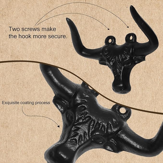 Cast Iron Wall Mount Hook – Black Bull Design, 1 Pack – Vintage Rustic Coat Hook for Entryway, Bathroom, Kitchen, or Bedroom