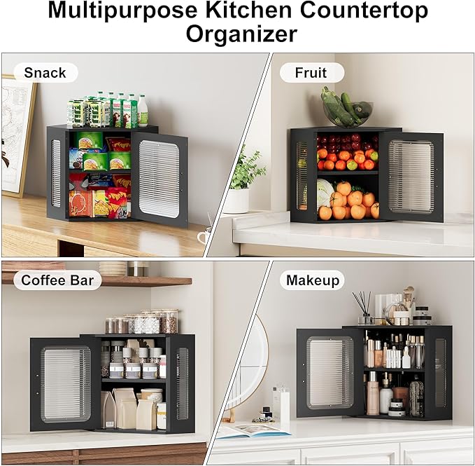 TQVAI Bread Box for Kitchen Countertop Large Corner Bread Loaf Storage Container Double Layer Wooden Bread Boxes Bin Farmhouse Pantry Shelf with Acrylic Window, Black