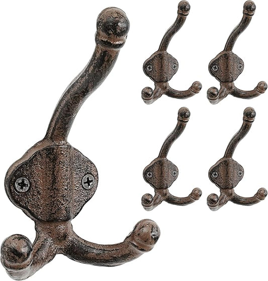 Dseap Cast Iron Wall Hooks L=5”, Heavy Duty Coat Hooks, Rustic Vintage Farmhouse Hook for Hanging Winter Coats Jackets Towels Hats Bags Plants, Antique Brown, Pack of 5 (GripBold)
