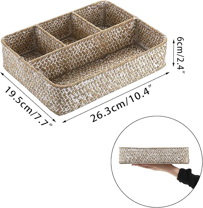 ELLDOO Tea Bag Organizer Tray, Sugar Packet Holder Coffee Pod Storage Condiment Organizer Seagrass Divided Basket for Pantry Coffee Bar Drawer Shelf Countertop, Whitewash