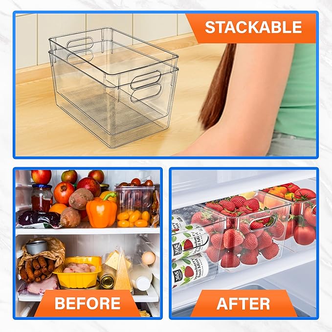 Lifemaster Multi-purpose Refrigerator Bins - 6 pieces Large Capacity Stackable Fridge Bin Organizer with Easy Grip Handles - Clear