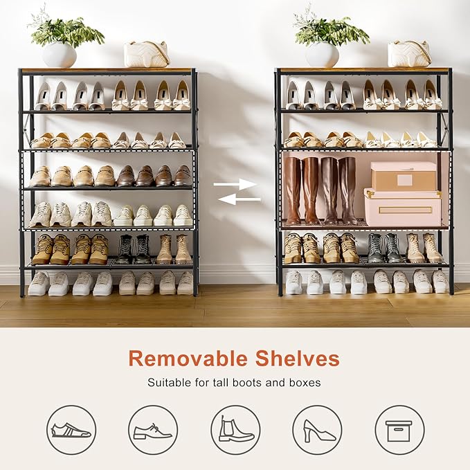 6-Tier Metal Shoe Rack Organizer Shoe Storage for Entryway 18-24 Pairs Narrow Shoe Rack for Closet Heavy-Duty Shoe Rack with Wooden Top Shelf for Garage Rustic Brown