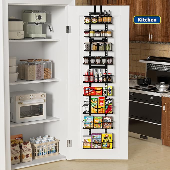 EVERIE 9-Tier Over Door Storage Rack, Metal Hanging Organizer with Bigger Hanging Slots and Heightened Baskets, Kitchen Bathroom Living Room Dining Room Pantry Shelves (Black, 9 Tier)