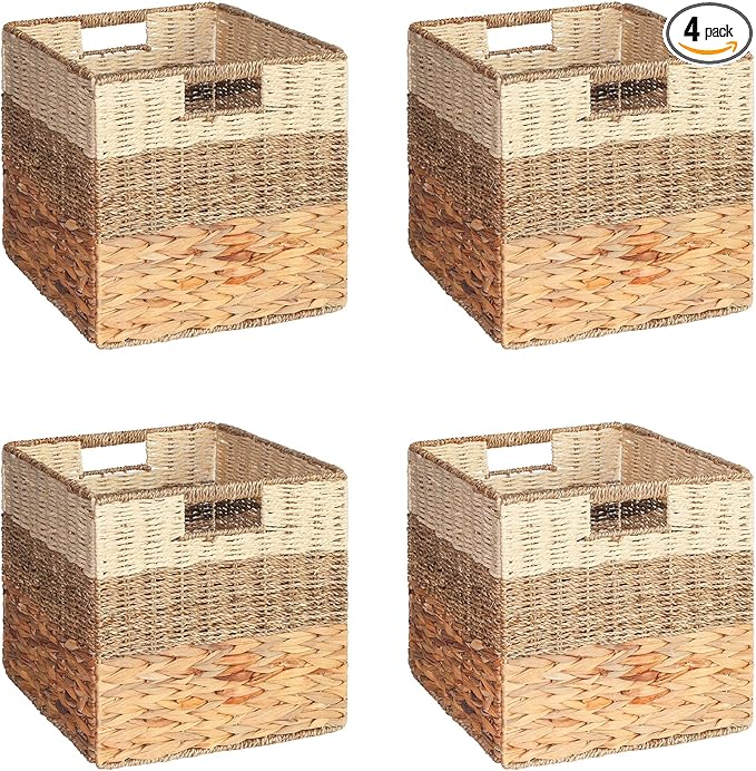 SpaceAid 4 Pack 3 Pattern Design Wicker Basket, Baskets for Organizing, Storage Rattan Basket with Handles for Shelves, Woven Cube Storage Bin Organizer, 13x13x13 inch, Natural