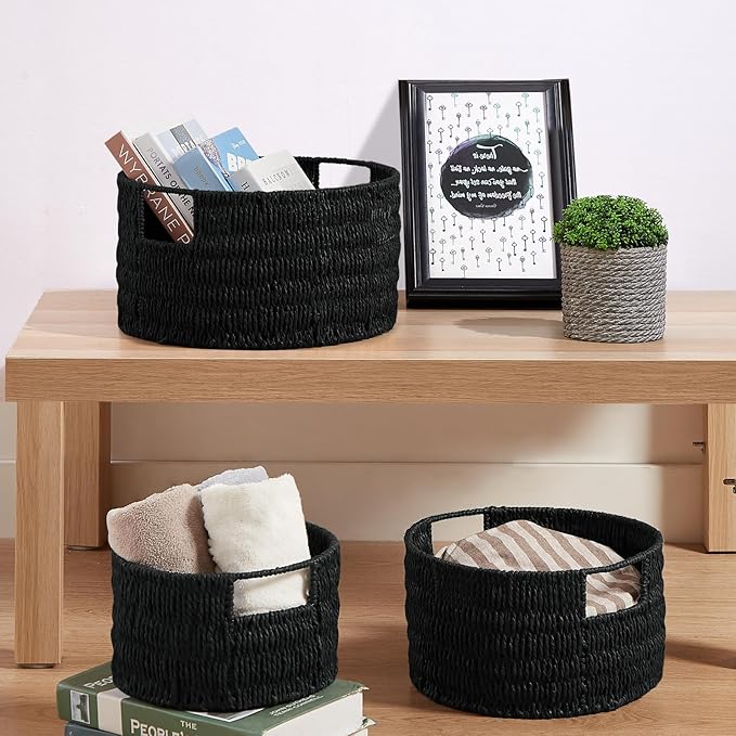 Vagusicc Wicker Storage Basket, Hand-Woven Paper Rope Large Round Woven Basket With Handles, Wicker Baskets for Organizing/Storage, Black, 3-Pack