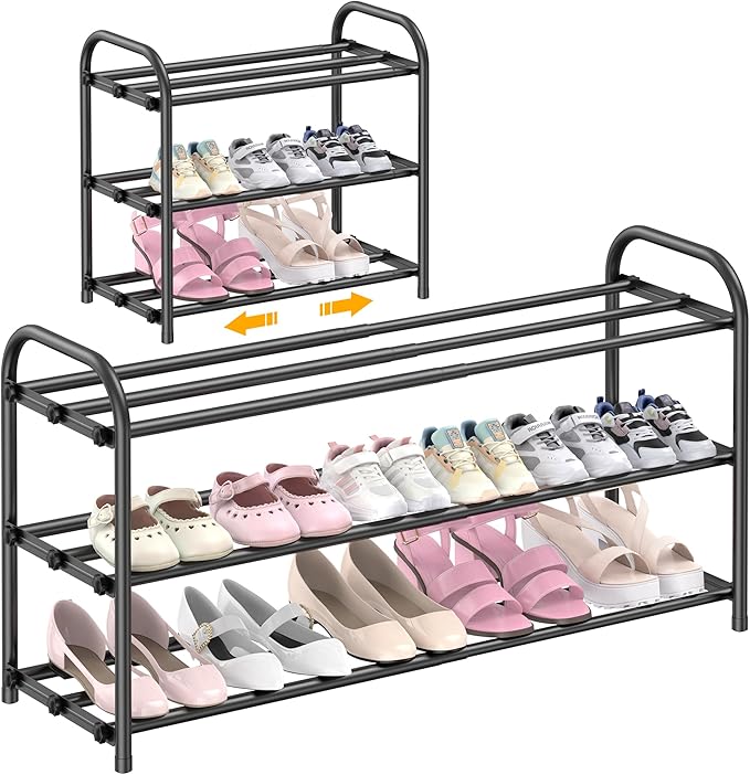 3-Tier Expandable Shoe Rack for Entryway，Adjustable Metal Shoe Organizer for Closet,Living Room,Dorm,Black