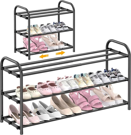 3-Tier Expandable Shoe Rack for Entryway，Adjustable Metal Shoe Organizer for Closet,Living Room,Dorm,Black