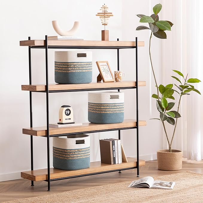 UBBCARE Set of 4 Storage Cubes 11 X 10.5 X 10.5 in, Water Hyacinth Storage Bins for Shelves, Toys, Book, Storage Baskets with Handles, Cotton Rope Woven Baskets for Organizing, Light Blue