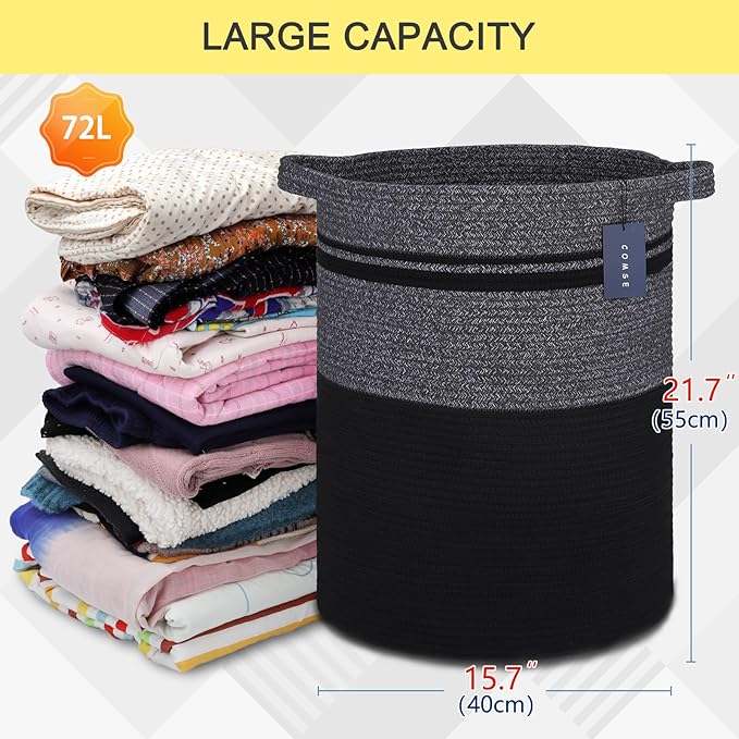 COMSE Extra Large Blanket Basket, Tall Laundry Basket, Nursery Hamper, 15.7âx 21.7â, Cotton Rope Woven Laundry Hamper for Storage Toys Clothes Towels, Black