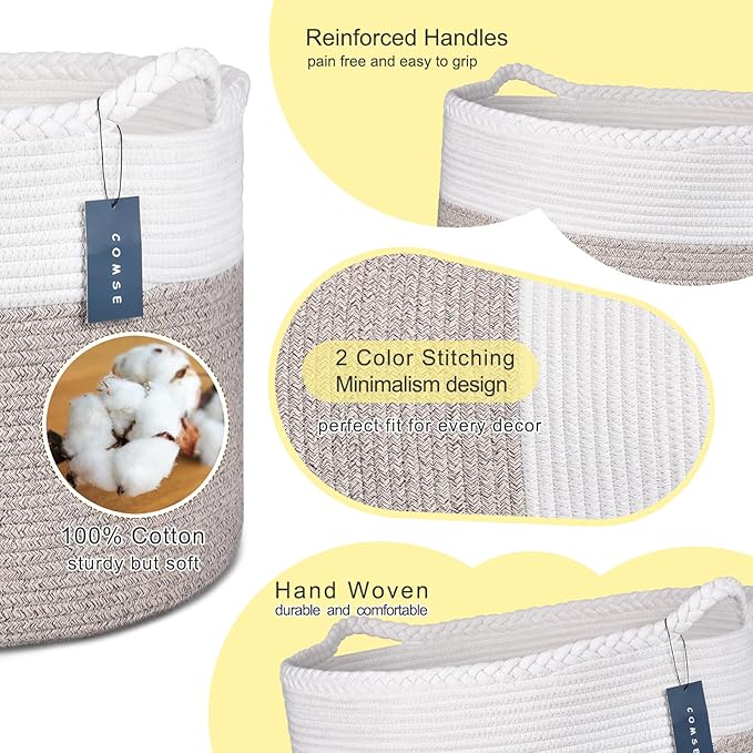 COMSE Extra Large Blanket Basket, Woven Laundry Basket, 21.7âx 13.8â, Nursery Hamper, Cotton Rope Laundry Hamper Living Room for Storage Toys Clothes Towels (White & Light Brown)