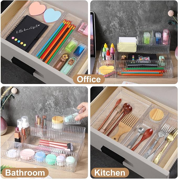 MAQUITA 18 PCS Clear Plastic Drawer Organizer Set 4 Large Size Versatile Kitchen and Bathroom Organizer Trays, Non-Slip Storage Bins for Makeup, Utensils, Tool and Office Desk