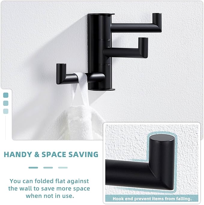 Suyar Swivel Towel Hook 3 Arms, SUS 304 Stainless Steel Coat Robe Holder, Foldable Wall Hook, Matte Black