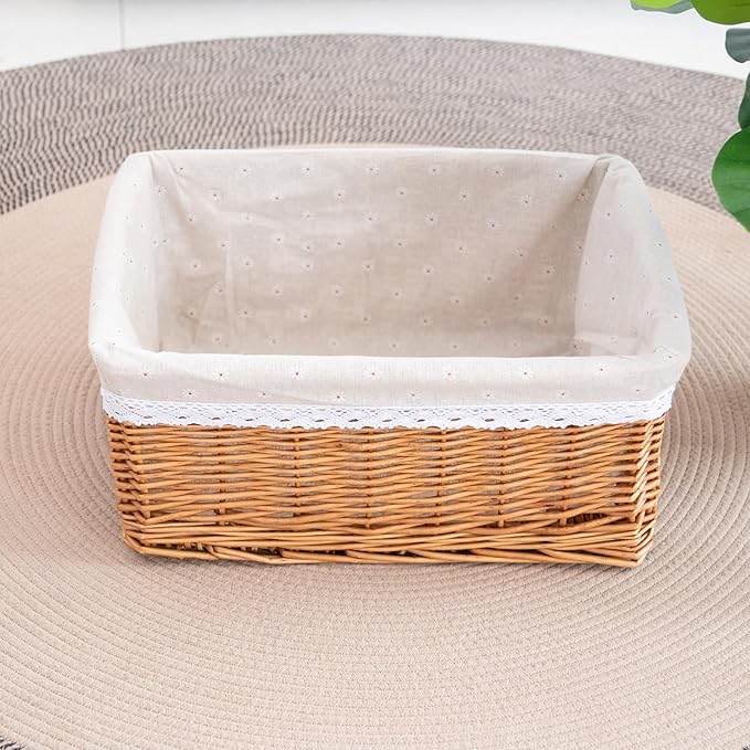 Willow Storage Basket with Linen Liner - 17.32 x 12.99 x 8.27 Inch Handwoven Decorative Bin for Home, Kitchen, Nursery - Rustic Organizer for Blankets, Toys, Fruits & More
