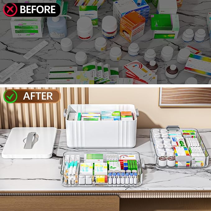 3-Tier Medicine Organizer - Portable Medicine Cabinet with Plastic Handle, Multipurpose Medical Box, Pill Organizer, Empty First Aid Kit for Home