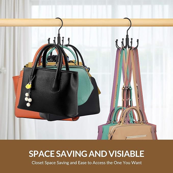 ZEDODIER 2 Pack Purse Hanger Organizer for Closet, Rotatable Sturdy Purses Holder Holds 16 Bags, Metal Space Saving Closet Organizers and Storage, Black