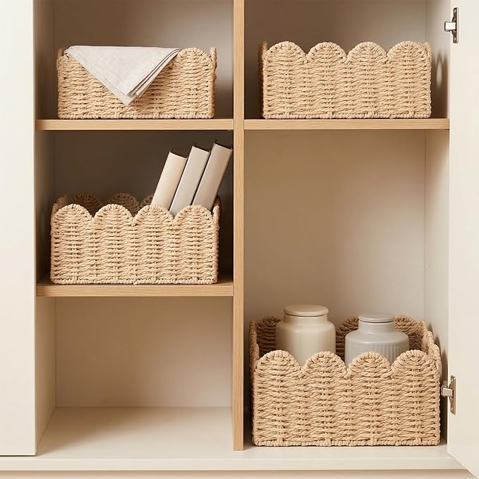 Scalloped Wicker Baskets, Set of 3 Hand-Woven Storage Baskets with Handles - Paper Rope Shelf Organizers & Decorative Baskets for Shelves, Closet, Bathroom (Beigeï¼