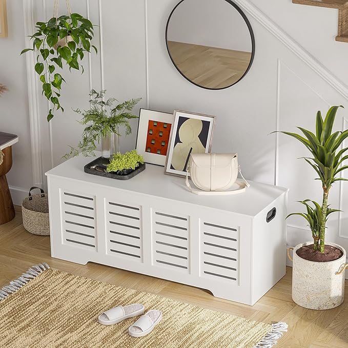 DINZI LVJ Storage Chest, 47.3â Wooden Toy Box with 2 Safety Hinges, Retro Entryway Shoe Storage Bench with Flip-Top, Sturdy Large Storage Trunk for Living Room, Bedroom, Easy Assembly, White