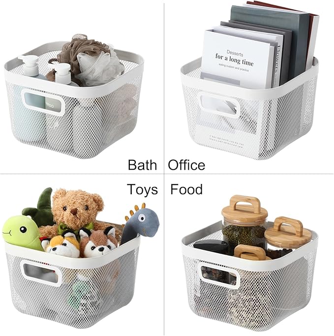 6 Pack Metal Mesh Basket with Hollow Handles White Wire Storage Bin for Organizing Stackable Metal Fine Mesh Basket for Pantry Bathroom Kitchen Cabinets Shelves (Medium)