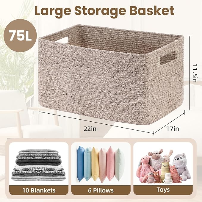 75L Large Blanket Basket, Woven Storage Baskets with Reinforced Handles, Rope Laundry Basket for Living Room, Bedroom, Nursery, Toys, Clothes,Pillows, 22â x 17â x 11.5â, Brown
