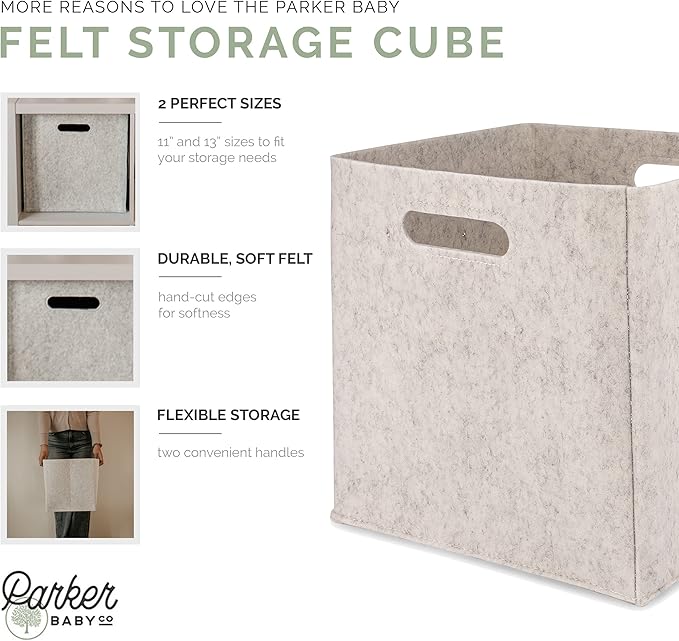 Parker Baby Felt Foldable Storage Cube Bin - 11 Inch Nursery Cubby Storage Bin Cubes for Cube Organizer, Closet Organizers and Storage Toy Bin, Rope Baskets Bins for Toyâs Storage - White