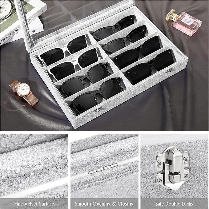 Emibele Glasses Organizer Jewelry Tray, 8 Grids with Clear Lid Velvet Tray Watch Storage Stackable Jewelry Showcase Display Storage with Detachable Inner Dividers - Grey