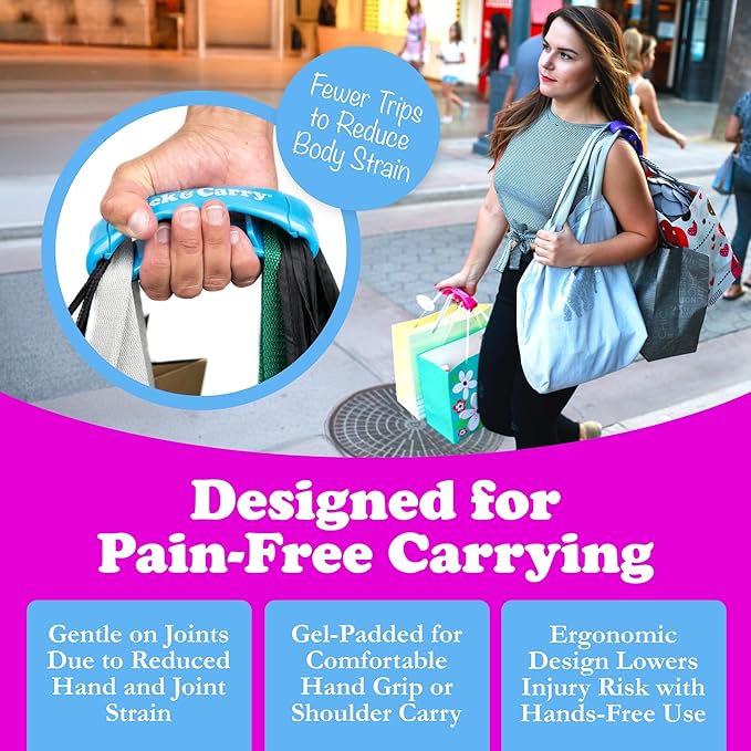 Click & Carry Grocery Bag Carrier Handle - Carry More in Fewer Trips, 100lb Capacity, Hands-Free, Gel-Padded Ergonomic Design, Shopping & Grocery Bag Holder - As Seen On Shark Tank, Blue, 1 Pack
