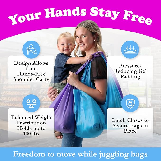 Click & Carry Grocery Bag Carrier Handle - Carry More in Fewer Trips, 100lb Capacity, Hands-Free, Gel-Padded Ergonomic Design, Shopping & Grocery Bag Holder - As Seen On Shark Tank, Purple, 1 Pack