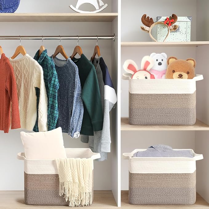 CLHMILY&Z Stylish Square Cotton Rope Storage Basket (Brown & White, 85L)