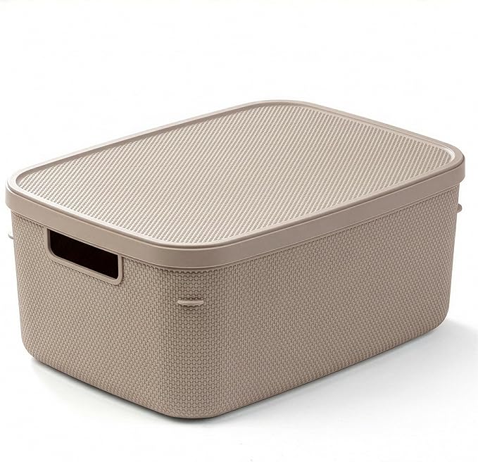 BINO | Plastic Storage Bins with Lids, 13 Liter - 3 Pack, Taupe | THE TWILL COLLECTION | Plastic Bins for Organization | Woven Storage Baskets for Organizing | Pantry Shelf Organizer Basket Bin