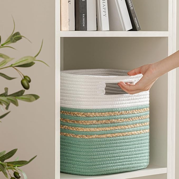 UBBCARE Set of 3 Storage Cubes 13 X 13 X 13 in, Water Hyacinth Storage Bins for Shelves, Toys, Book, Storage Baskets with Handles, Cotton Rope Woven Baskets for Organizing, Green