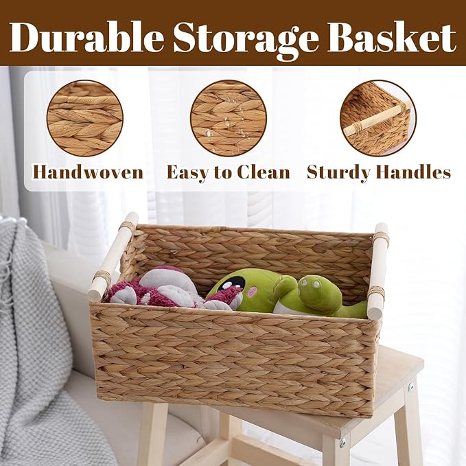 Wicker Storage Basket with Handles 13.6x9.5x5.6 Inch, Natural Woven Storage Baskets for Shelves Organization, Decorative Basket for Kitchen, Bathroom, Living Room Decor, Farmhouse Home Decor