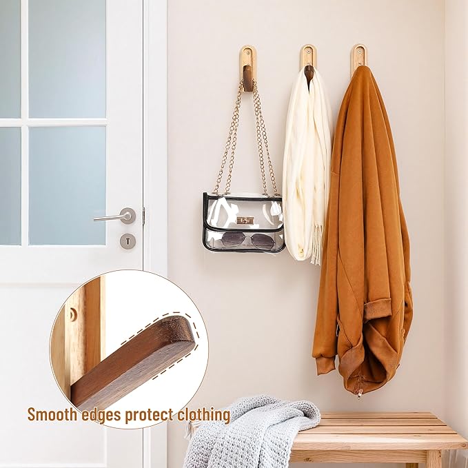 Modern Folding Wall Hooks: Wooden Coat Hooks 3 Pack for Small Space Entryway Behind Doors - Mid Century Decorative Hanger for Hanging Towels Backpacks Bag Hats (Walnut Wood & Rubberwood)