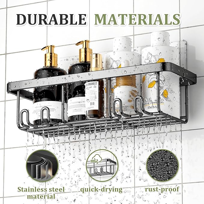 Adhesive Shower Caddy,5 Pack Rustproof Stainless Steel Bathroom Organizers and Storage,Large Capacity Bathroom Shower Organizer,No Drilling Shelves for Storage & Home Decor,Black