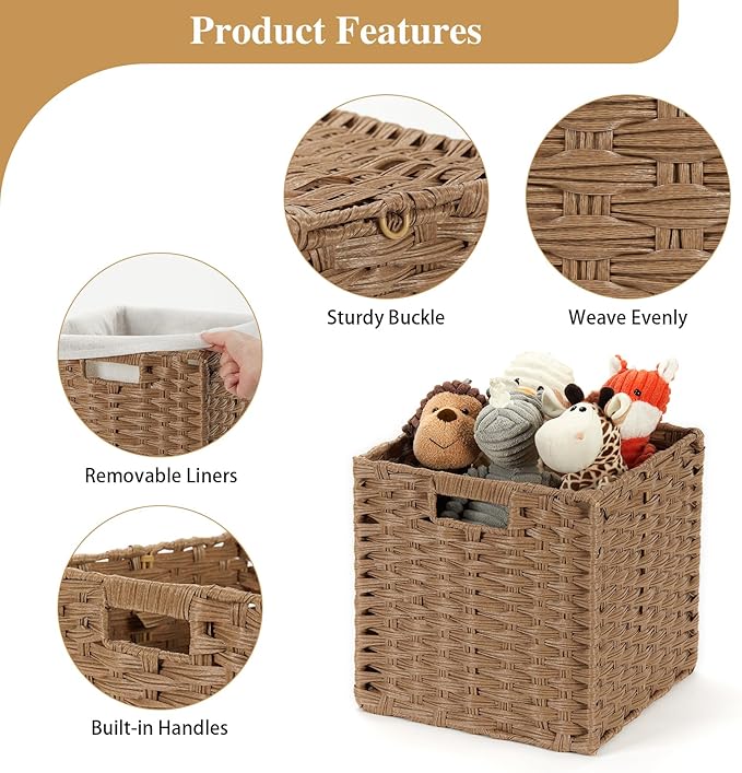 DULLEMELO Wicker Storage Baskets 11x11 Storage Cube Bins Foldable Plastic Cubby Baskets for Shelves Set of 2 Waterproof Woven Storage Bins for Organizing Pantry,Closet,Toys - Brown