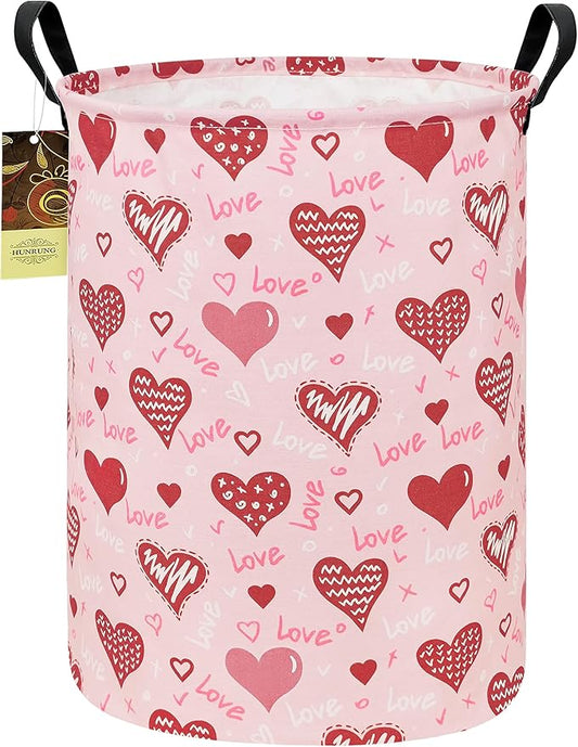HUNRUNG Laundry Hamper,Large Canvas Fabric Lightweight Storage Basket Toy Organizer Dirty Clothes Collapsible Waterproof for College Dormsï¼Round-Pink Love Heartï¼