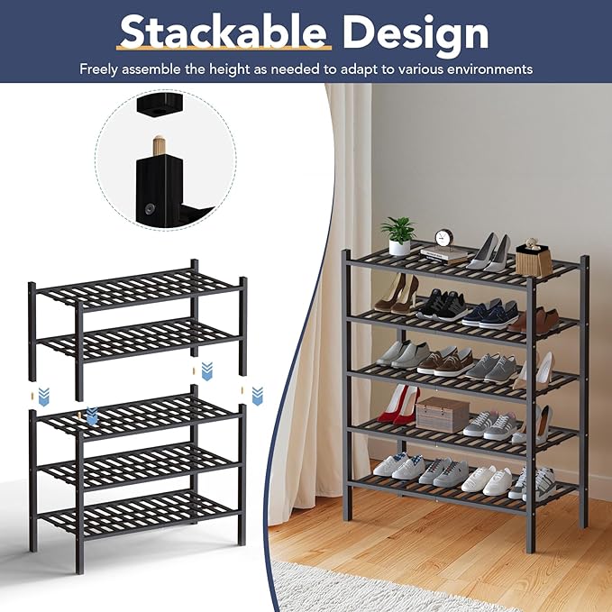 Haddockway Large 3 Tier Bamboo Shoe Rack Storage Organizer, Multifunctional Free Standing Stackable Shoe Shelf with Grid Panel for Closet,Hallway,Entryway,Small Space 27"x12"x21"