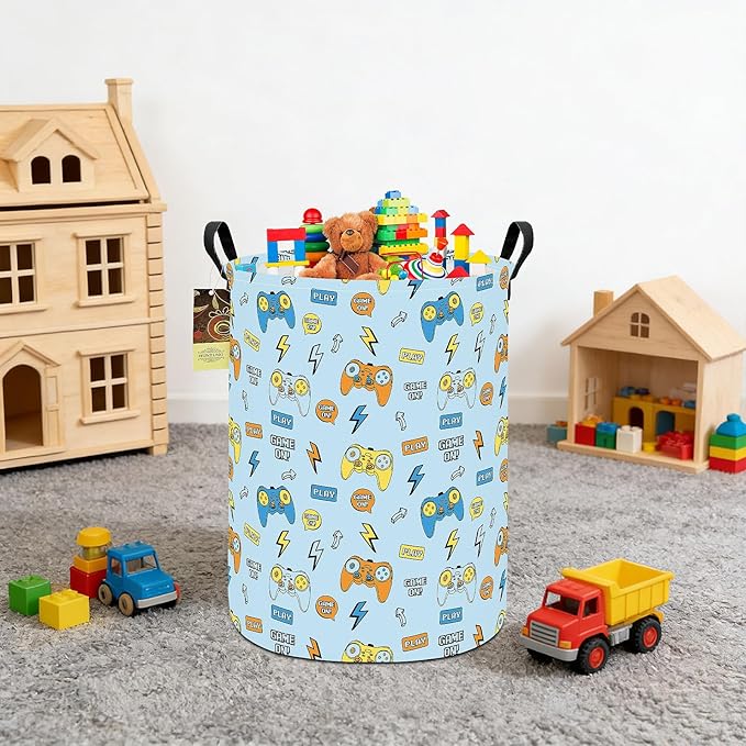 HUNRUNG Laundry Hamper,Large Canvas Fabric Lightweight Storage Basket Toy Organizer Dirty Clothes Collapsible Waterproof for College Dormsï¼Round-Color Gameï¼