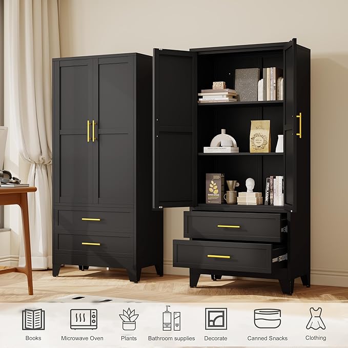 71" Tall Metal Pantry Storage Cabinet, Steel Storage Cabinets with 2 Doors, 2 Adjustable Shelf and 2 Drawers, Used as Kitchen Cabinet, Freestanding Cupboard for Kitchen, Office, Home (Black)