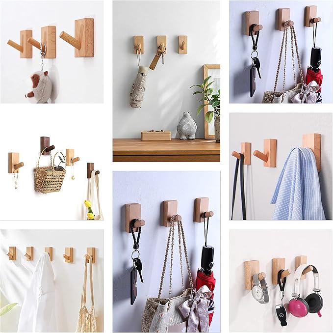 HomeDo 8Pack Adhesive Wall Hooks Hat Rack, Wooden Coat Hooks Wall Mounted, Decorative Hooks Single Organizer Hat Hanger Towel Rack, Heavy Duty Hooks (Rectangle-Beech,8P)