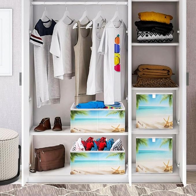 Blueangle Summer Beach Cube Storage Bin, 11 x 11 x 11 in, Large Collapsible Organizer Storage Basket for Home Décor