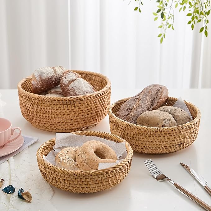 Hand-Woven Stackable Rattan Basket, Set of 3, Fruit Bread Serving Bowls, for Farmhouse Kitchen Storage & Decor