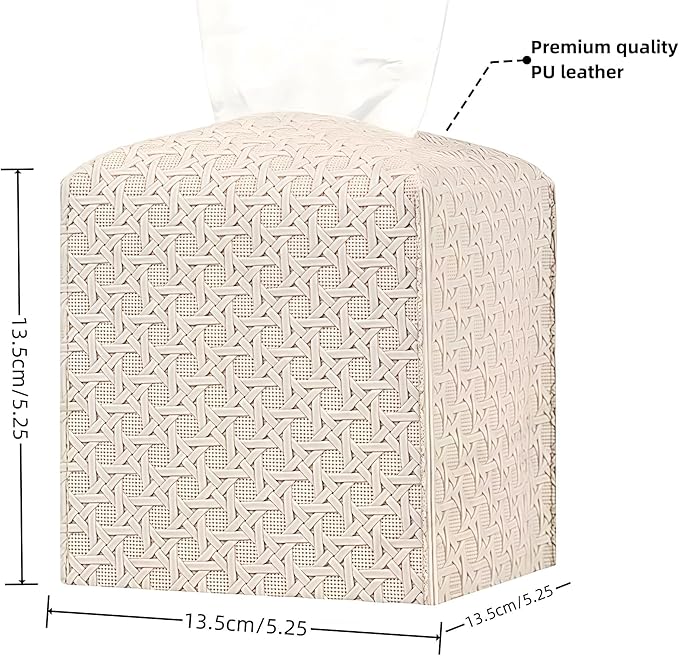 Tissue Box Cover Square PU Leather Facial Kleenex Box Cover Holder Tissue Case Cube Facial Paper Organizer Dispenser for Bathroom, Vanity Countertop, Tabletop, Car, Office Beige