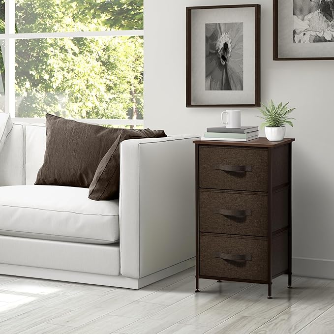 Sorbus Nightstand with 3 Drawers - Bedside Furniture & Night Stand End Table Dresser with Steel Frame, Wood Top, Easy Pull Fabric Bins for Home, Bedroom Accessories, Office & Dorm