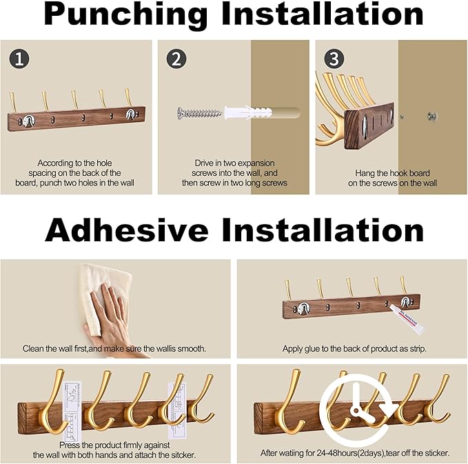 2 Pack 17.3" Walnut Wood Coat Rack Wall Mount with 5 Hooks, Heavy Duty Wooden Jacket Hanger Door Mounted for Decorative Entryway Bathroom Hanging Towel Backpack Purse Hat Key Satin Gold