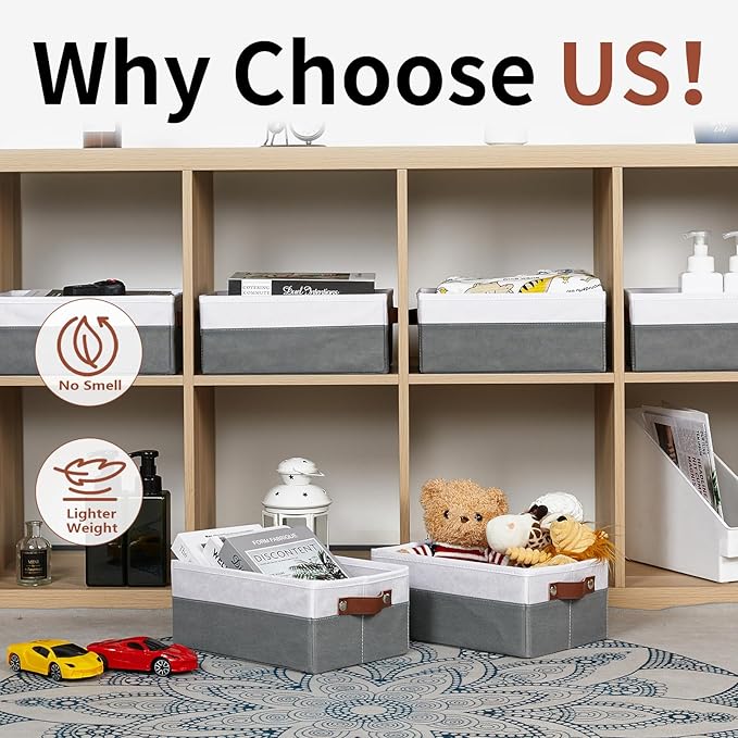 HNZIGE Fabric Storage Bins for Organizing Shelves, 6 PCS Small Foldable Closet Bins with Handles, Home & Office (White & Gray, 11.8 x 7.8 x 5.1)