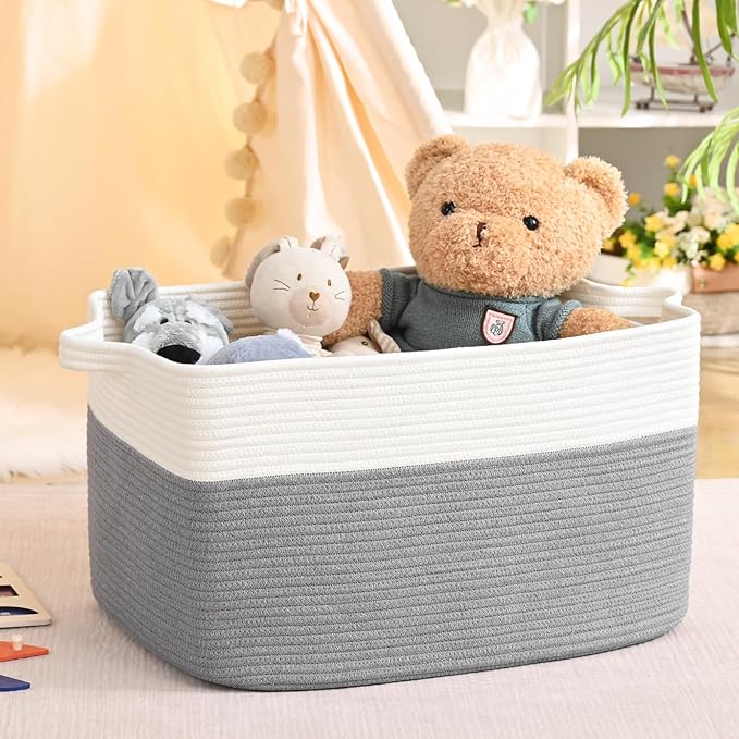 Large Blanket Basket, 100L Storage Baskets for Organizing, Woven Laundry Basket for Blankets, Cotton rope Blanket Storage for Living Room, Nursery Room, 24.8" L x 15.74" W x 15.74" H, Gray